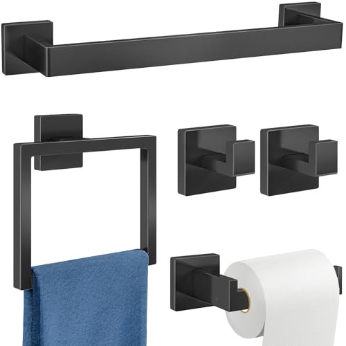 Gypie Bathroom Hardware Accessories Set, 5-Piece 16In Black Wall Mounted | Towel Racks for Bathroom Stainless Steel Towel Bar Rack Set - color: Black 5 Piece, size: 16 Inch