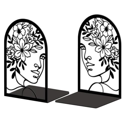 5.3"x4.3"x7.9" Metal Bookends, Heavy Duty Book Ends for Shelves | Lines Flowers With Faces Theme Cast Iron Book Supports, 1 Pair Decor Stoppers for Desk, Library, Office & Home Shelves - style: Lines Flowers With Faces