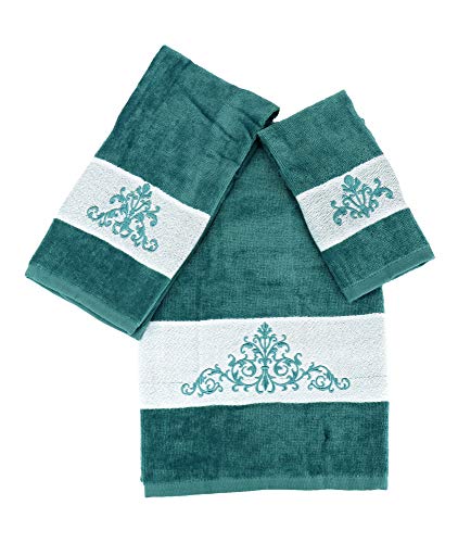 Marina Decoration Premium Luxury Decor Ultra Soft 100% Cotton Embroidered Bathroom Modern 3 Piece Towel Set, Turquoise Blazon with Turquoise Base Pattern - color: Turquoise Blazon With Turquoise Base