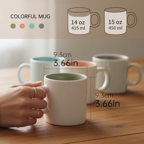 12oz White Ceramic Coffee Mugs, Set of 4 | Pastel glazed interior, wide handles, for latte, tea & cocoa, microwave & dishwasher safe