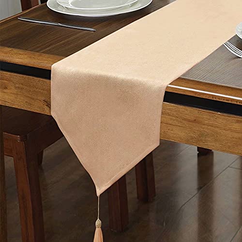 Faux Linen Sparkly Beige Spring Table Runner with Tassels 14x71 Inch Dresser Scarf Graduation 4th of July Table Runner for Home Bedroom Party Birthday Wedding Bridal Baby Shower - color: Brilliant Faux Linen With Tassels- Pinky Beige, size: 71"x14"-1Pc