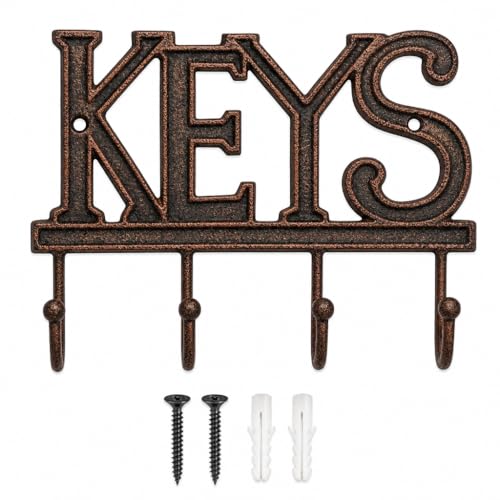 Comfify Copper-Black Cast Iron Key Holder for Wall – Keys Sign with 4 Hooks | Warm copper and black antique finish; mounting hardware included; entryway, hallway or door; 6"H x 8"L; holds 8 keychains - color: Copper with Black
