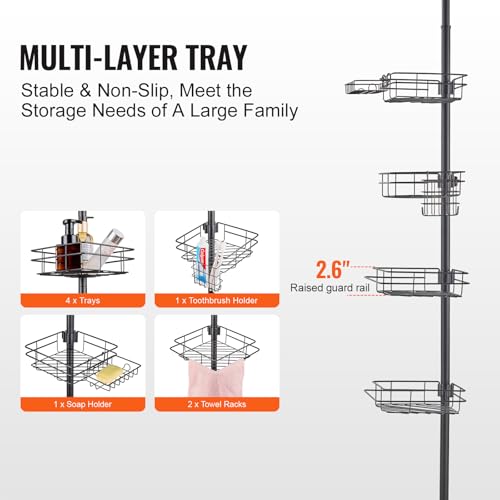 VEVOR Corner Shower Caddy Tension Pole, 4 Tier Adjustable Rustproof Organizer Shelves for Bathroom & Washroom, 42-114inch High, Black