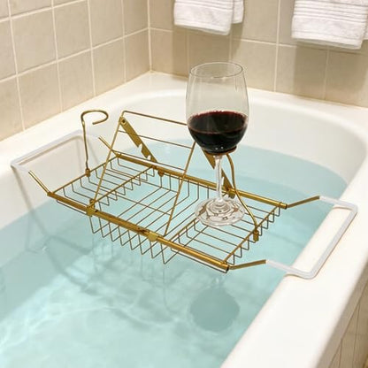 Bathtub Caddy Tray, Expandable Bath Tub Table with Removable Book Holder Red Wine Rack Holder, for Home Kitchen Bathroom,Gold - color: Gold