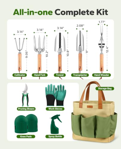 YAUNGEL Gardening Tools Set of 10 Heavy Duty Gardening Hand Tools Stainless Steel Garden Tools with Wooden Handle, Storage Garden Bag, Gardening Gifts for Women and Men