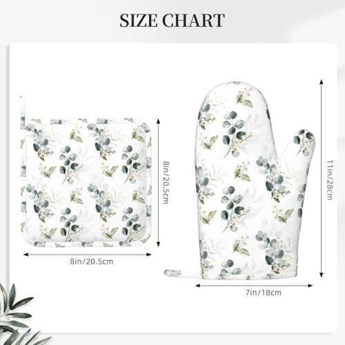 Sage Green Eucalyptus Oven Mitts and Pot Holders Sets Silicone Watercolor Plant Leaves Floral Kitchen Oven Mitts Hot Pads Heat Resistant Potholders Kitchen Mitts Set for Baking BBQ Cooking - color: Green
