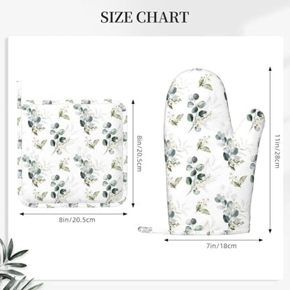 Sage Green Eucalyptus Oven Mitts and Pot Holders Sets Silicone Watercolor Plant Leaves Floral Kitchen Oven Mitts Hot Pads Heat Resistant Potholders Kitchen Mitts Set for Baking BBQ Cooking - color: Green
