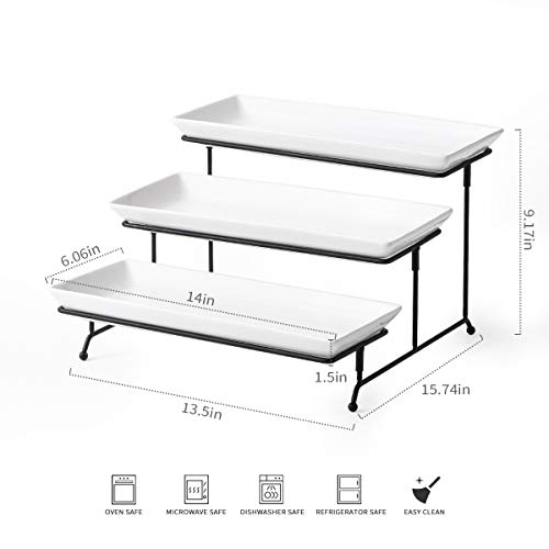 YHOSSEUN 3 Tier Serving Stand Tiered Tray Stand with 3 Porcelain Serving Platters Trays for Dessert Server Display Collapsible Sturdier Metal Rack 14 inch | Tiered Tray Stand with 3 Porcelain Serving Platters Trays for Dessert Server Display Collapsible S