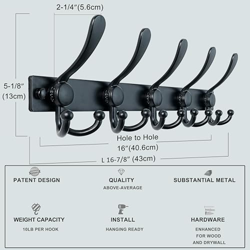 Coat Rack Wall Mount, Heavy Duty 12-Gauge Base vs Flimsy 1mm, Double-Thick Solid Anti-Snap Hooks, 16” Stud-Mount, Stainless Steel Hanger for Clothes Hat Entryway Closet, Black, Pack of 2 - color: Black, size: L=17" (2pcs)