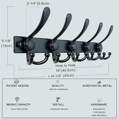 Coat Rack Wall Mount, Heavy Duty 12-Gauge Base vs Flimsy 1mm, Double-Thick Solid Anti-Snap Hooks, 16” Stud-Mount, Stainless Steel Hanger for Clothes Hat Entryway Closet, Black, Pack of 2 - color: Black, size: L=17" (2pcs)