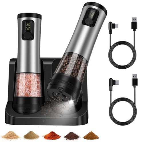 Rechargeable Electric Salt and Pepper Grinder Set with LED Light, 5-Level Adjustable Coarseness, 2-Speed Automatic Mills, 2 x 100ml Large Capacity, Black | Automatic Electric Salt and Pepper Shakers with Large Capacity, 2-Speed Setting, 5-Level Adjustable