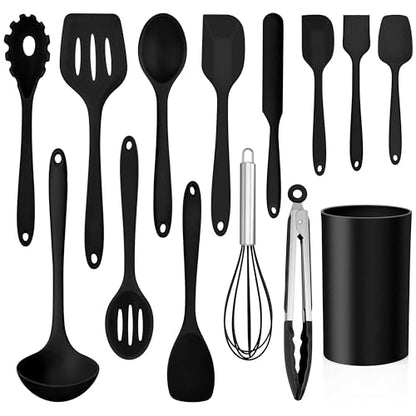 LIANYU 14 Pcs Silicone Kitchen Utensils Set with Holder, Black | 446°F Heat Resistant Silicone Cooking Utensils Spatula Set, Non-Stick & Dishwasher Safe Cooking Tools, Comfort Grip Handle - color: Black