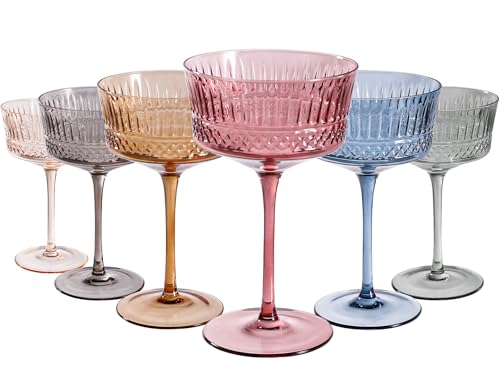 Colored Coupe Cocktail Glasses set of 6 - Ribbed Coupe Cocktail Glasses 9oz, Unique Cocktail Glass for Bar, Martini, Impressive Cocktail Party Glasses - color: Multicolor
