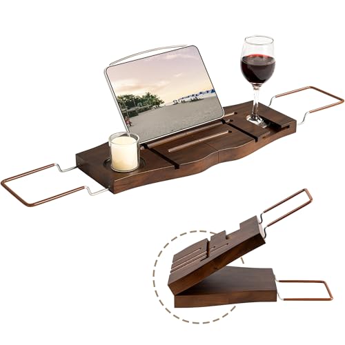 Dream Dark Walnut Teak Expandable Bathtub Caddy Tray | Dark walnut stained teak, expandable, gift-ready, wine book storage for deep tubs - color: Teak Brown - B, size: Medium