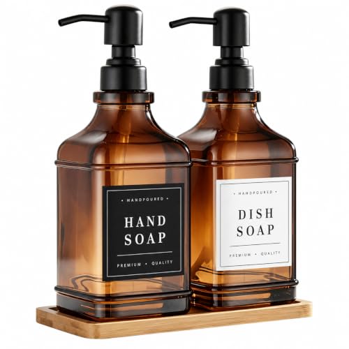 Amber Glass Soap Dispesner Set 2 16.9oz Kitchen Sink Luxury Bathroom Decor | Anti-leak Stainless Steel Pump, Bamboo Tray Silicone Funnel, Refillable Bottles with Waterproof Labels Residue Free - color: Dm2647-brown