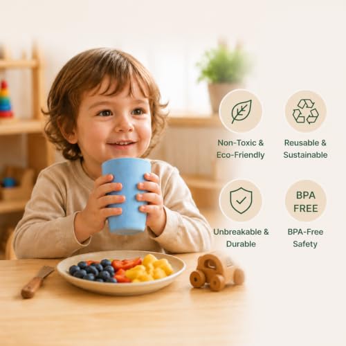 Wheat Straw Colored 6 Pack Kids Cups 12 OZ | Reusable Open Drinking Glasses BPA Free Dishwasher & Microwave Safe