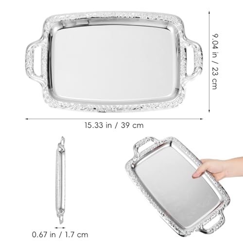 Homoyoyo Silver Serving Tray With Handles, Mirror Finish Rectangular Metal Tray 13.5*9 Inch for Food Serving Coffee Table Dessert Platter Stainless Steel Decorative for Kitchen Dining Room Wedding Use