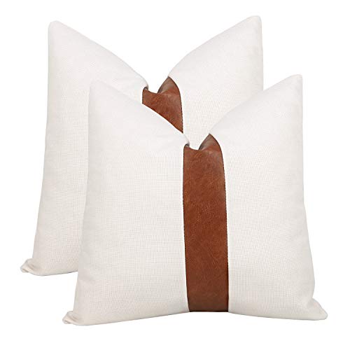 Set of 2 White Linen Patchwork Faux Leather Throw Pillow Covers for Couch Living Room Bedroom, Modern Accent Decorative Square Cushion Covers 20x20 inch (White, 20x20 inch) - color: White, size: 20" x 20" (Pack of 2)
