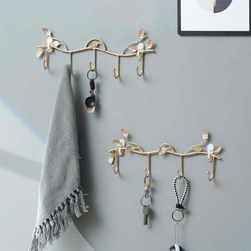 MOROBOR Gold Leaf Coat Rack Wall Mount Hooks, 2 Pack Iron Hooks with 4 Hooks Key Hangers for Wall Decor, No Drill Required