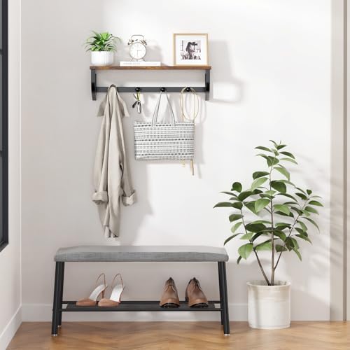 Coat Rack Wall Mount, Wood Wall Shelf with Hooks, Coat Hanger Wall Mount with 4 Metal Hooks, Wall Mounted Coat Rack Organizer for Entryway, Bedroom, Living Room, Room Decor, Brown - size: 16.9 inch-1 pack