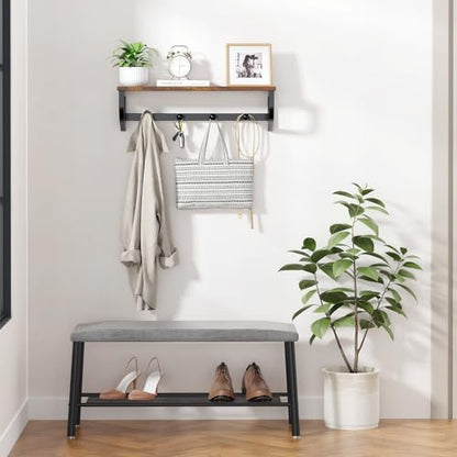 Coat Rack Wall Mount, Wood Wall Shelf with Hooks, Coat Hanger Wall Mount with 4 Metal Hooks, Wall Mounted Coat Rack Organizer for Entryway, Bedroom, Living Room, Room Decor, Brown - size: 16.9 inch-1 pack