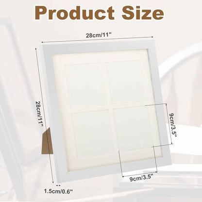 MECCANIXITY 11x11 Collage Picture Frame, Displays 4Pcs 3.5x3.5 Pictures with Mat, Solid Oak Wood Clear Acrylic Sheet Wall Mounting and Tabletop Display, White, 1Pcs - color: White