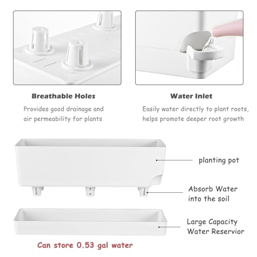 2 Pack Self Watering Pots for Indoor Plants 17 Inches Window Boxes Planters Rectangular Flower Pots Rectangle Herb Pots Large Plant Pots with Drainage Holes and Saucers Windowsill Planter, White - color: White