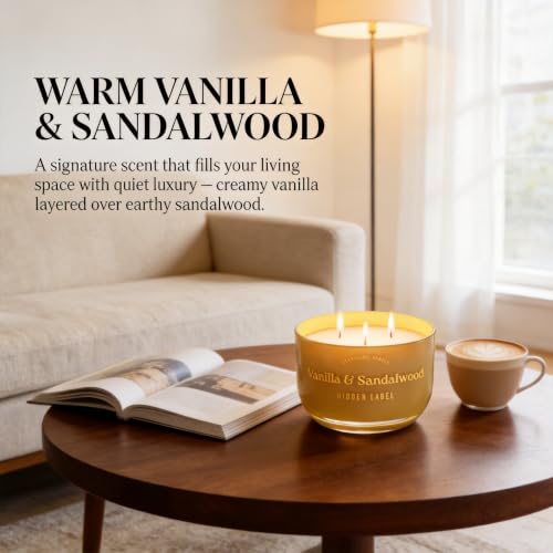 Hidden Label Vanilla Sandalwood Candle, 18oz 3 Wick, 70H Gold Bowl | Warm Amber Glass with Mirror Lid | Natural Non Toxic Soy Wax | Luxury Aromatherapy Gift for Women - color: Vanilla & Sandalwood