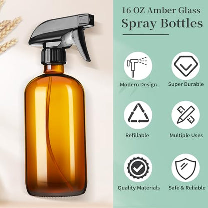 GIVAMEIHF 16oz Amber Glass Spray Bottles,6 Pack Glass Spray Bottles Refillable Empty Bottle with Adjustable Nozzle,Spray Bottle for Essential Oils,Cleaning,Pets,Hair Mister