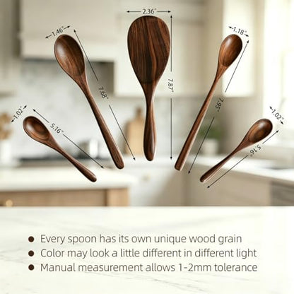 5 Pcs Black Walnut Wooden Spoons Set, Natural Wood Cooking Spoon Non Toxic Kitchen Utensils for Mixing Salad, Stirring Coffee, Eating Dessert and Soup, Serving Cookware Walnut Kitchen Accessories