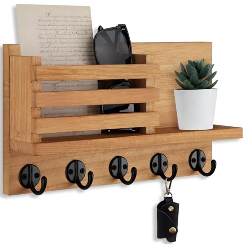 Lwenki Key Holder for Wall – Decorative Wooden Mail Holder and Key Shelf with Mounting Hardware, Installation Guide – Paulownia Wood with Metal Key Hooks (Light Brown, Large - 11.8inch) - color: Light Brown, size: Large - 11.8inch
