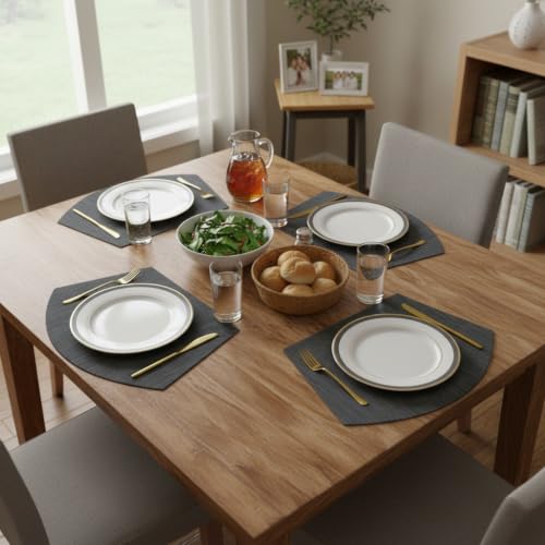 SHACOS Large Size Wedge Placemats with Centerpiece Round Mat Set of 5 Round Table Place Mats Washable Dining Table Placemats Reversible Durable, Black Gray - color: Black Gray