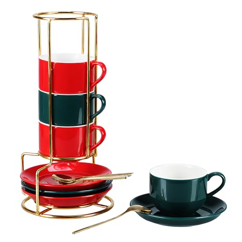 3 Ounce Espresso Cups Set of 4, Stackable Demitasse Mugs, Includes Display Stand, Cups Saucers & Spoons, for Machines & Home Use, Red Green Gold Tone - color: Red&Green