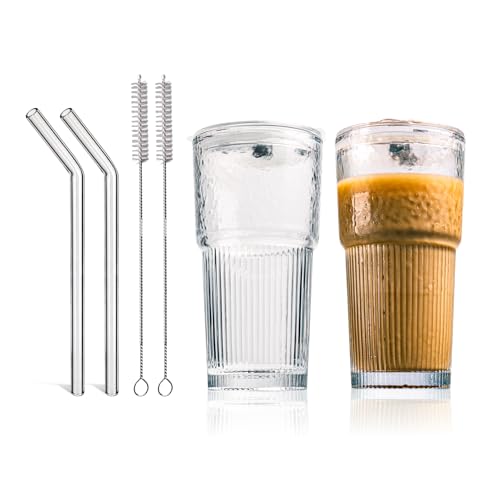 20oz Glass Tumblers with Lids and Straws - Stylish Vintage Ribbed Design for Iced Coffee, Juice, Smoothies, Milkshakes, Cold Beverages & Whiskey Cocktail Beer - Includes Cleaning Brush (2pack-Frosted) - color: 2 Pack - 20OZ Frosted