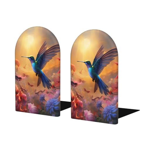 Blue Bird Pink Flowers Wooden Bookends for Shelves Decorative Book Ends Universal Book Organizer Holder for Office, Heavy Books, Vinyl Records - color: Blue Bird Pink Flowers