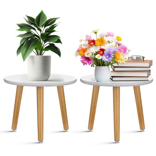 Briwooody 2 Pcs Wood Plant Stands Indoor Wooden Stool for Plants Mid Century Vintage Modern Flower Pots Holder Round Side Table End Table Plant Stools for Living Room Corner Balcony Decor