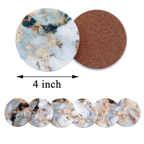 White Marble Ceramic Coasters with Holder Absorbent Drink Coaster Set Outdoor Round Abstract Cute Table Decorative Coffee Cup Beverage Fun Wine Beer Bar Gold Housewarming 6 Pack - style: White Gold