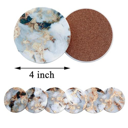 White Marble Ceramic Coasters with Holder Absorbent Drink Coaster Set Outdoor Round Abstract Cute Table Decorative Coffee Cup Beverage Fun Wine Beer Bar Gold Housewarming 6 Pack - style: White Gold
