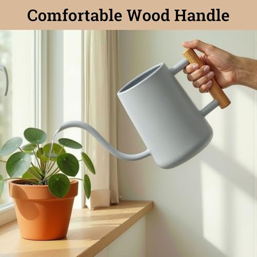 Metal Small Indoor Watering Can with Long Spout & Real Wood Handle, 35oz | Long Spout, Stainless Steel, Real Wood Handle, Gentle Flow, No Spills, Suitable for House Plants, Succulents & Seedlings - color: Gray
