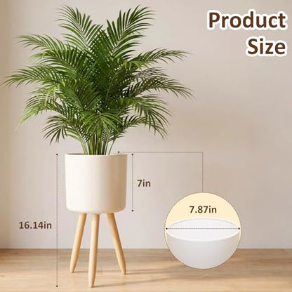 Plant Stand for Indoor Plants, Metal Planter Stand with Wooden Legs, White Flower Plant Pot Holder for Living Room, Office, Bedroom, Modern Home Decor