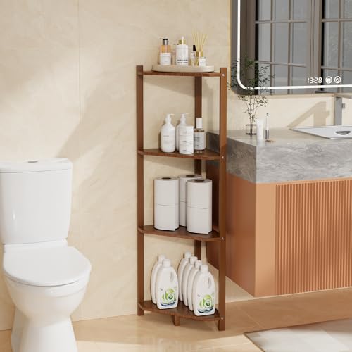 Wisuce Bamboo Small Corner Shelf Stand, 4-Tier Brown Corner Bookshelf | Space-Saving Narrow Corner Shelf | Bathroom, Bedroom, Living Room, Kitchen & Plants | Stable Natural Bamboo Frame - color: Brown, size: 4 Tier