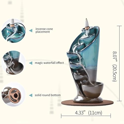 YYW Backflow Incense Burner Holder Handmade Statue Decor Fountain Waterfall Incense Holder with 20 Backflow Incense Cones 30 Incense Sticks 1 Tweezer 1 Mat for Indoor Meditation Yoga (Blue) | Includes 20 Backflow Incense Cones 30 Incense Sticks 1 Tweezer