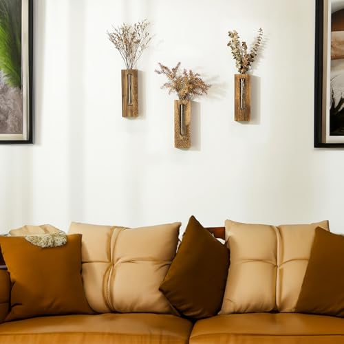 Farmhouse Wall Plant Propagation Station with Glass Tubes | Wall-Mounted Wood Vase with Borosilicate Glass Tube, for Plant Cuttings, Pothos, Herbs and Air Plants, Farmhouse Display - color: Brown