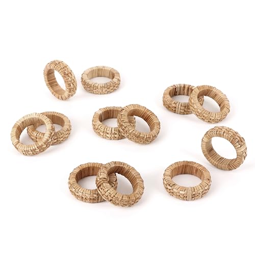 Alpha Living Home Rattan Napkin Rings, Set of 12, Natural Woven | Plastic cane & rayon, 2.5x2.5x0.5 in each, boho farmhouse style, reusable, weddings, parties, bulk pack - color: Tan Natural, size: 12- Pack