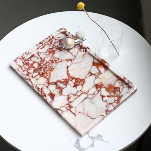 100% Natural Marble Serving Tray Luxury Marble Storage Tray for Home Decor Stone Tray for Bathroom/Kitchen/Vanity/Dresser,Plate Holder for Tissues, Candles, Towel - color: Marble Tray-calacatta Red