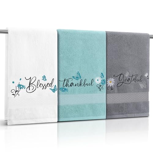 3 Pack Embroidered Cotton Hand Towels 13x30 Inch Grey | Blessed Thankful Grateful Bathroom Decor Soft Absorbent Towel Set for Kitchen Gift Farmhouse Rustic Style - color: White Grey Teal