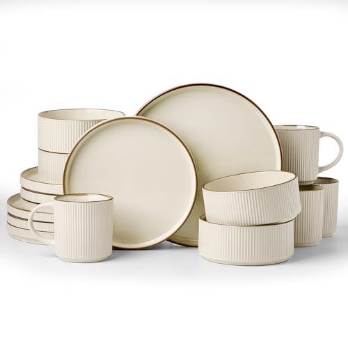 Famiware Dinnerware Set with Mugs, Creamic Plates and Bowls, Dishes for 4 | 16-Piece Stoneware Dinner Set, Chip & Scratch Resistant, Microwave & Dishwasher Safe, Everyday & Formal Dining, Cream - color: Cream, size: Service for 4 with Mugs