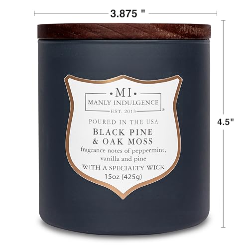 Manly Indulgence Black Pine Oakmoss Scented Candles for Men, 15 oz Wooden Wick, Premium Soy Blend Wax, 60H Burn, Candles for Home Scented - Made in The USA - color: Black Pine & Oak Moss