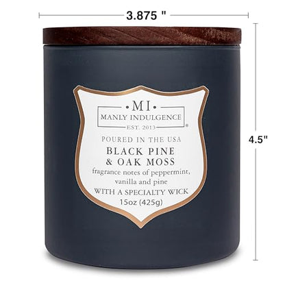 Manly Indulgence Black Pine Oakmoss Scented Candles for Men, 15 oz Wooden Wick, Premium Soy Blend Wax, 60H Burn, Candles for Home Scented - Made in The USA - color: Black Pine & Oak Moss