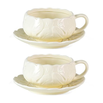 KAMMAK Tea Cups and Saucers Set of 2, 10 oz Porcelain Coffee Cups, SY005 | Stackable Espresso Mugs, Ceramic Demitasse for Coffee, Cappuccino, Latte, Americano, Tea - size: 8CZSY005